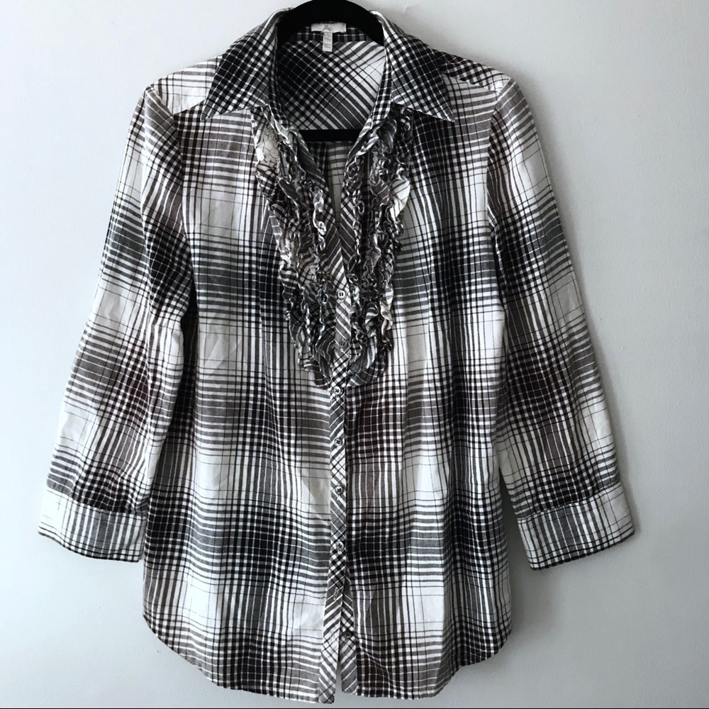 Joie Flannel Ruffle Button Down 3/4 Sleeve Shirt